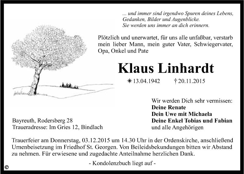  Traueranzeige für Klaus Linhardt vom 30.11.2015 aus Nordbayerischer Kurier