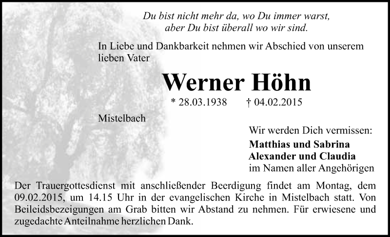  Traueranzeige für Werner Höhn vom 06.02.2015 aus Nordbayerischer Kurier