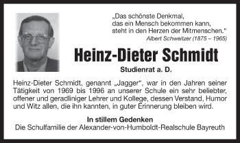 Anzeige von Heinz-Dieter Schmidt von Nordbayerischer Kurier