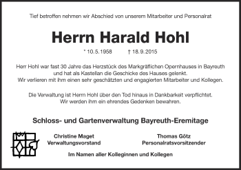 Anzeige von Harald Hohl von Nordbayerischer Kurier