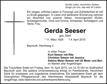 Anzeige von Gerda Seeser von Nordbayerischer Kurier