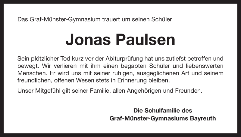  Traueranzeige für Jonas Paulsen vom 01.04.2015 aus Nordbayerischer Kurier