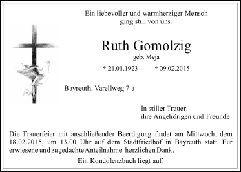 Anzeige von Ruth Gomolzig von Nordbayerischer Kurier