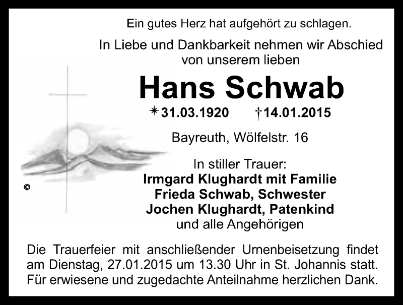  Traueranzeige für Hans Schwab vom 24.01.2015 aus Nordbayerischer Kurier