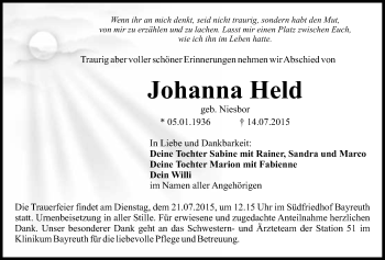 Anzeige von Johanna Held von Nordbayerischer Kurier
