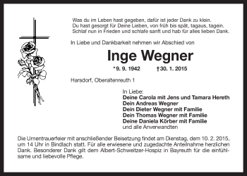 Anzeige von Inge Wegner von Nordbayerischer Kurier
