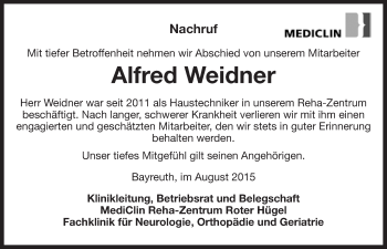 Anzeige von Alfred Weidner von Nordbayerischer Kurier