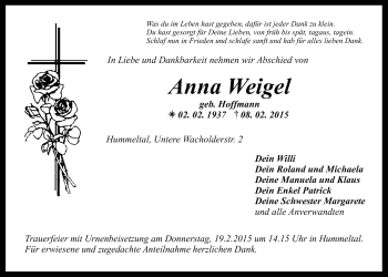 Anzeige von Anna Weigel von Nordbayerischer Kurier