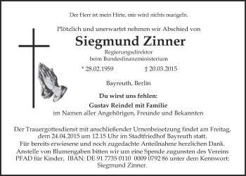 Anzeige von Siegmund Zinner von Nordbayerischer Kurier