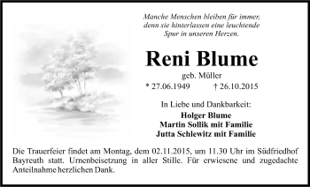 Anzeige von Reni Blume von Nordbayerischer Kurier