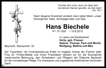 Anzeige von Hans Biechele von Nordbayerischer Kurier