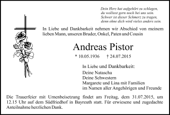 Anzeige von Andreas Pistor von Nordbayerischer Kurier