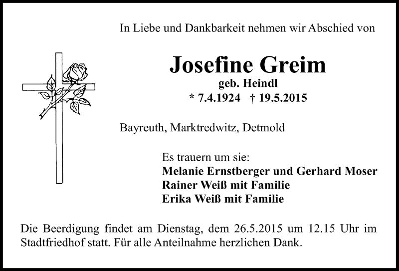  Traueranzeige für Josefine Greim vom 23.05.2015 aus Nordbayerischer Kurier
