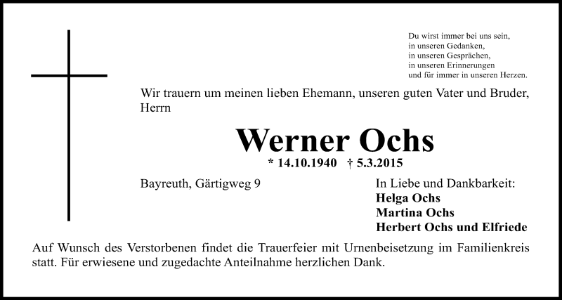  Traueranzeige für Werner Ochs vom 11.03.2015 aus Nordbayerischer Kurier