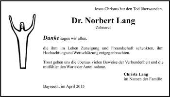 Anzeige von Norbert Lang von Nordbayerischer Kurier