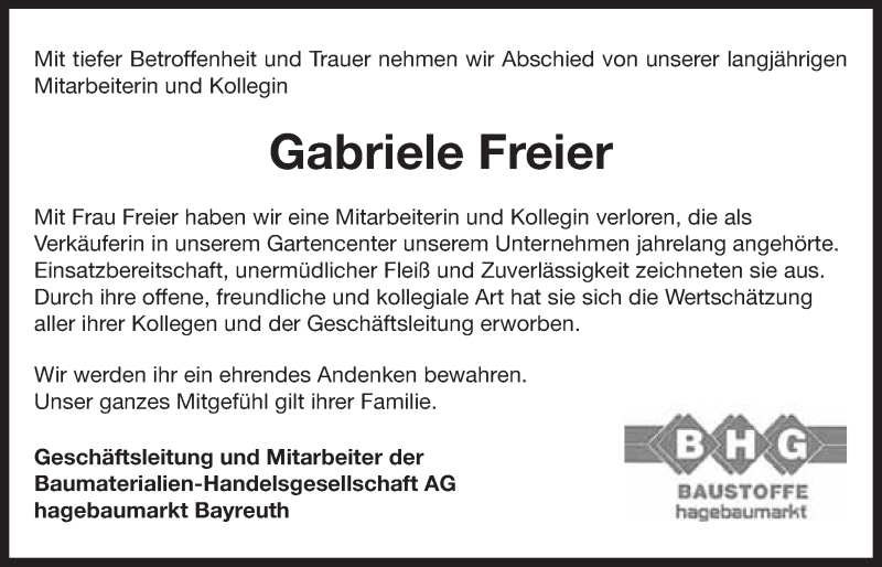  Traueranzeige für Gabriele Freier vom 17.11.2015 aus Nordbayerischer Kurier