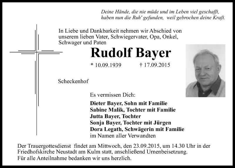 Traueranzeigen Von Rudolf Bayer | Nordbayerischer Kurier