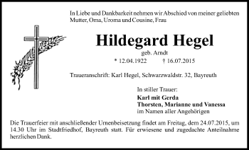 Anzeige von Hildegard Hegel von Nordbayerischer Kurier