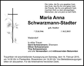 Anzeige von Maria Anna Schwarzmann-Stadter von Nordbayerischer Kurier