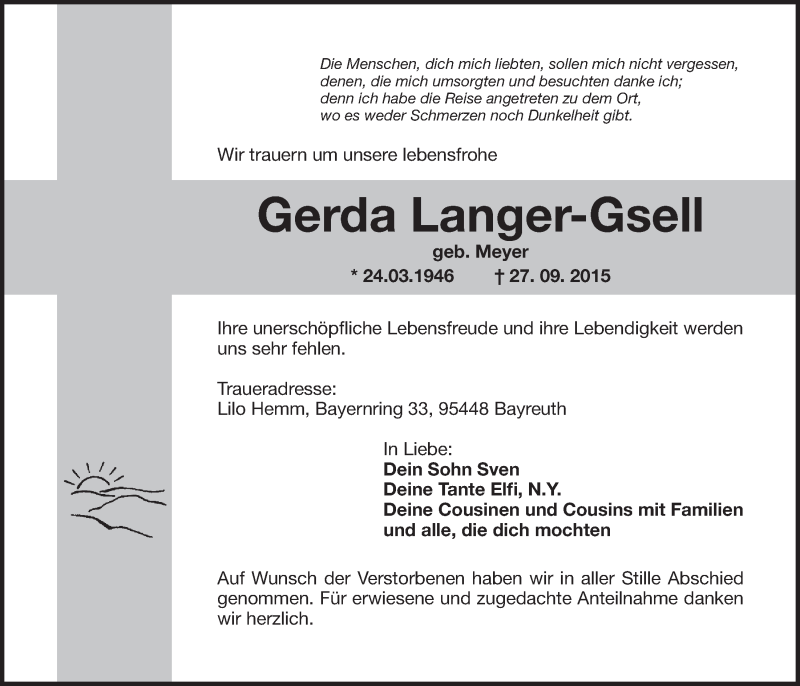  Traueranzeige für Gerda Langer-Gsell vom 10.10.2015 aus Nordbayerischer Kurier