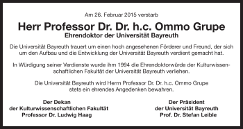 Anzeige von Ommo Grupe von Nordbayerischer Kurier
