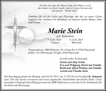 Anzeige von Marie Stein von Nordbayerischer Kurier