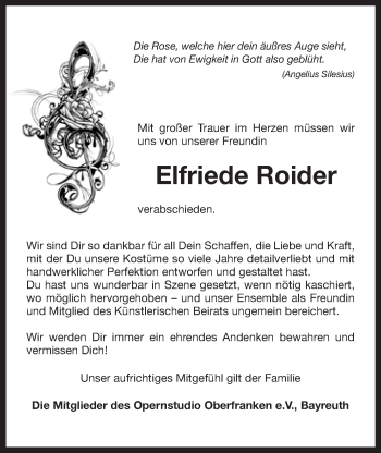 Anzeige von Elfriede Roider von Nordbayerischer Kurier