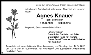 Anzeige von Agnes Knauer von Nordbayerischer Kurier