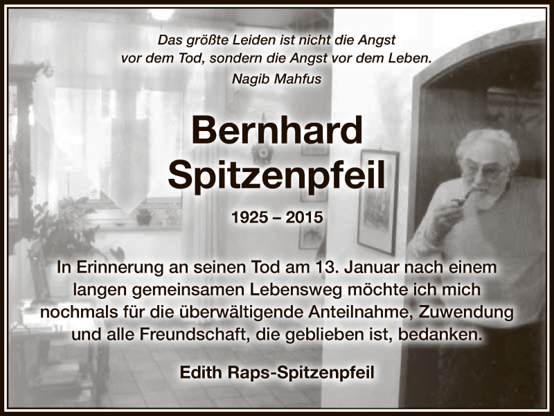  Traueranzeige für Bernhard Spitzenpfeil vom 13.01.2016 aus Nordbayerischer Kurier