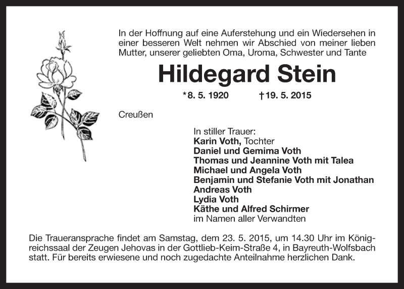  Traueranzeige für Hildegard Stein vom 21.05.2015 aus Nordbayerischer Kurier