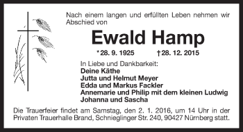 Anzeige von Ewald Hamp von Nordbayerischer Kurier