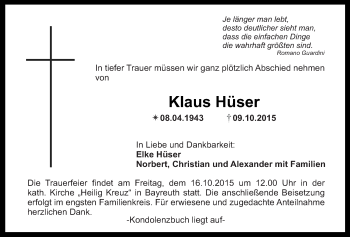 Anzeige von Klaus Hüser von Nordbayerischer Kurier
