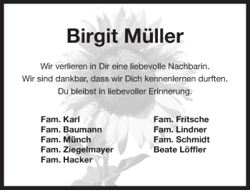 Anzeige von Birgit Müller von Nordbayerischer Kurier