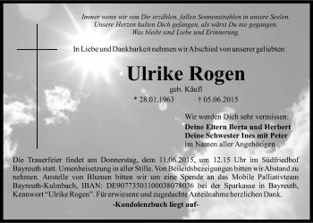 Anzeige von Ulrike Rogen von Nordbayerischer Kurier