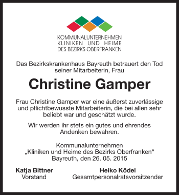 Anzeige von Christine Gamper von Nordbayerischer Kurier