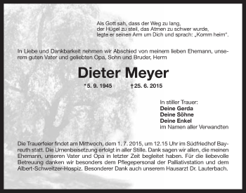 Anzeige von Dieter Meyer von Nordbayerischer Kurier