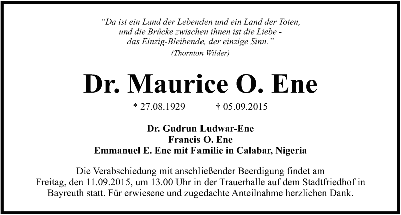  Traueranzeige für Maurice O. Ene vom 09.09.2015 aus Nordbayerischer Kurier