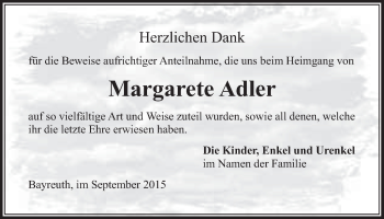 Anzeige von Margarete Adler von Nordbayerischer Kurier