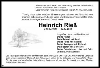 Anzeige von Heinrich Rieß von Nordbayerischer Kurier