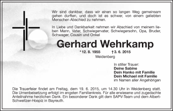 Anzeige von Gerhard Wehrkamp von Nordbayerischer Kurier