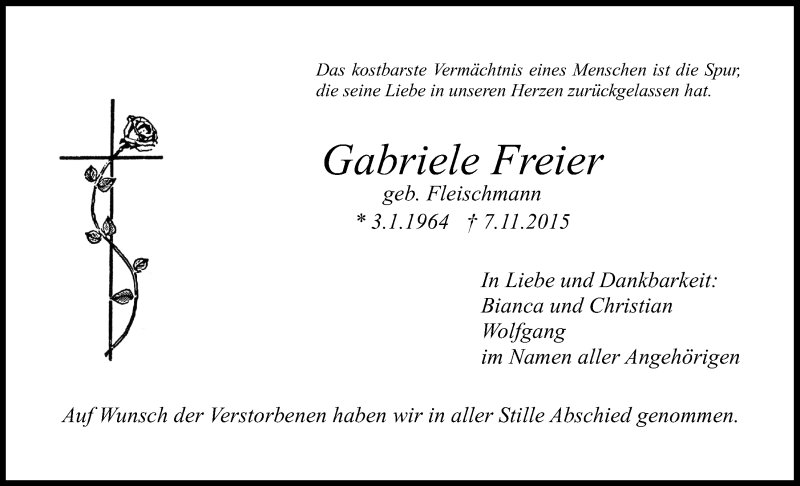  Traueranzeige für Gabriele Freier vom 17.11.2015 aus Nordbayerischer Kurier