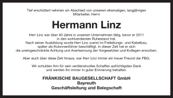 Anzeige von Hermann Linz von Nordbayerischer Kurier