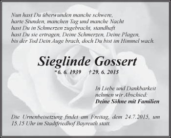 Anzeige von Sieglinde Gossert von Nordbayerischer Kurier