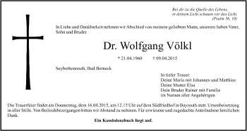 Anzeige von Wolfgang Völkl von Nordbayerischer Kurier