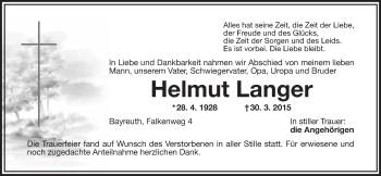Anzeige von Helmut Langer von Nordbayerischer Kurier