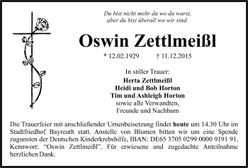 Anzeige von Oswin Zettlmeißl von Nordbayerischer Kurier