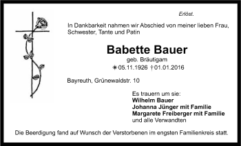 Anzeige von Babette Bauer von Nordbayerischer Kurier