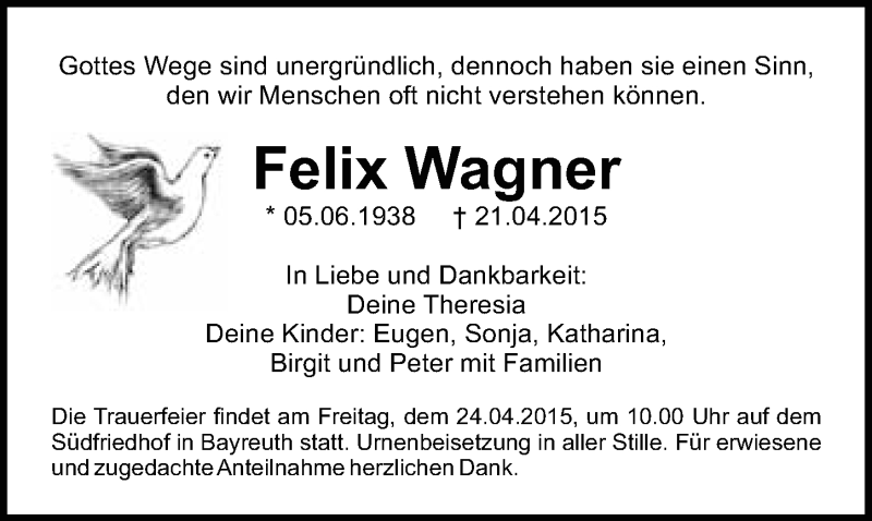  Traueranzeige für Felix Wagner vom 23.04.2015 aus Nordbayerischer Kurier