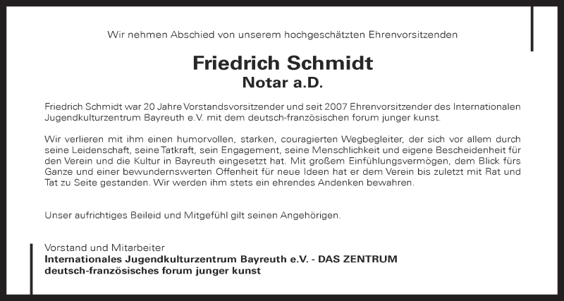  Traueranzeige für Friedrich Schmidt vom 13.06.2015 aus Nordbayerischer Kurier
