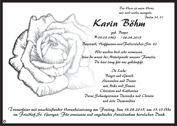Anzeige von Karin Böhm von Nordbayerischer Kurier